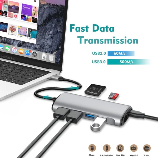 INF 8-i-1 Typ-C-hubb med flera portar, HDMI, RJ45, SD/TF-kortläsare