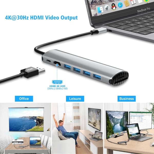 INF 8-i-1 USB-C Hub med HDMI, SD/TF-kortlæser og strømforsyning