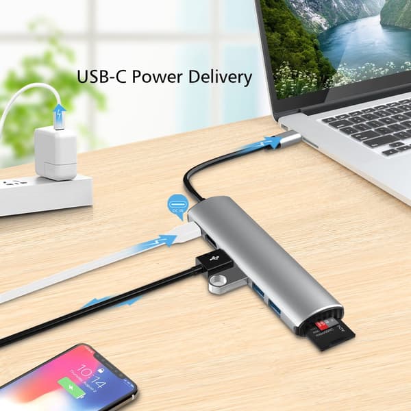 INF 8-i-1 USB-C Hub med HDMI, SD/TF-kortlæser og strømforsyning