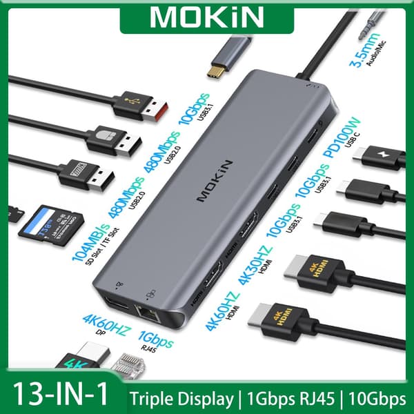 MOKiN USB-C Hub, 2 HDMI-portar, 3 USB 3.1-portar,2HDMI 3USB3.1