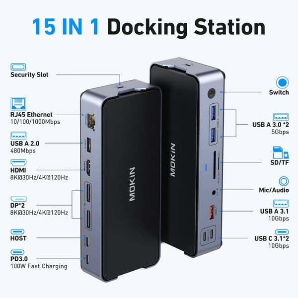 MOKiN USB C-hubb, 15 portar, dubbla HDMI, 100W strömförsörjning,15-i-1 (2HDMI 1DP)