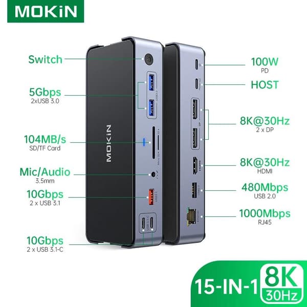 MOKiN USB C-hubb, 15 portar, dubbla HDMI, 100W strömförsörjning,15-i-1 (2HDMI 1DP)