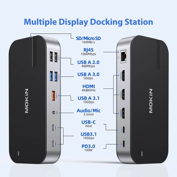 MOKiN USB C -keskus, 15 porttia, kaksois-HDMI, 100W virtalähde,15 in 1 (3HDMI)