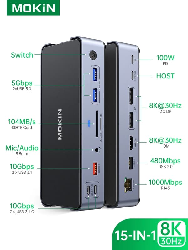 MOKiN USB C -keskus, 15 porttia, kaksois-HDMI, 100W virtalähde,15-in-1 (2DP 1HDMI)