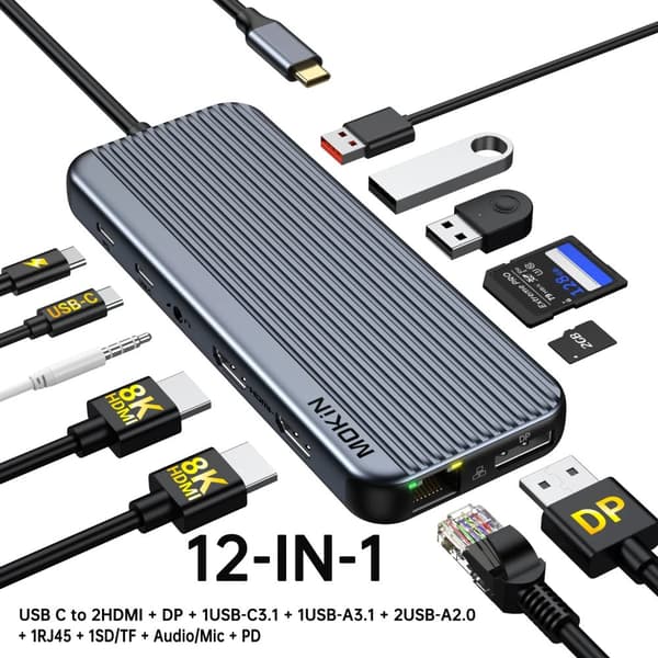 MOKiN 12-in-1 USB C -hubi, 2 HDMI 8K, RJ45 Ethernet 1Gbps,12 in 1 (2HDMI DP)