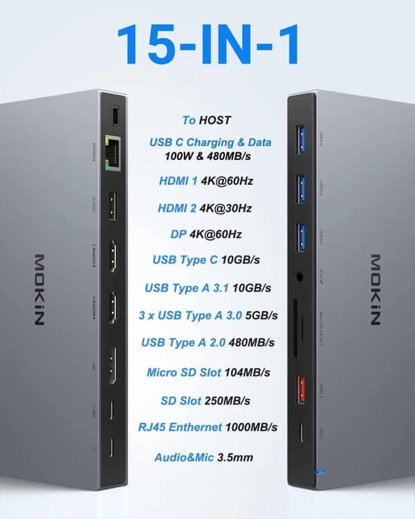 MOKiN USB C Docking Station, 15-i-1 porte, 4K Dual HDMI,15 i 1