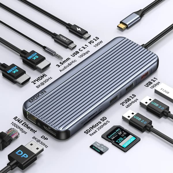 MOKiN 12 in 1 Docking Station, Kaksois 8K-näyttötuki, 100W Virtalähde,12 in 1(2HDMI DP
