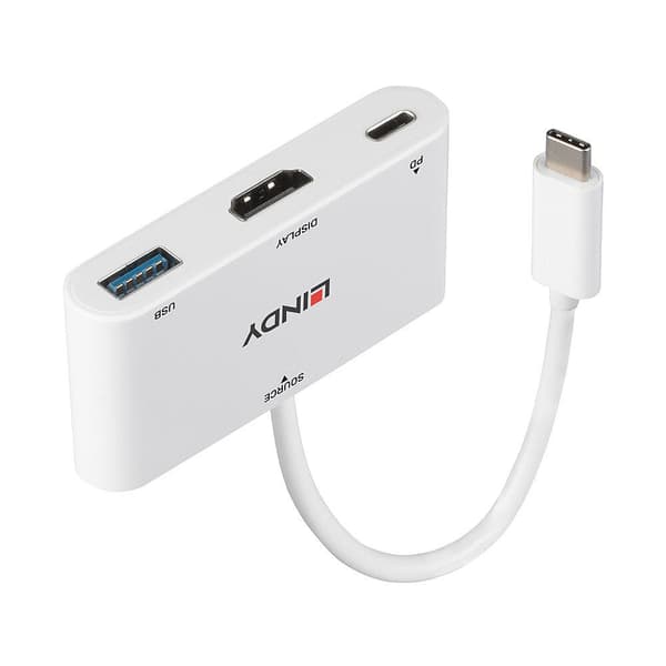 Lindy - Videoadapter - USB-C han til HDMI, USB Type A, USB-C (kun strøm) hun - 18 cm - hvid - understøtter Power Delivery 3.0, understøtter 4K 30 Hz (