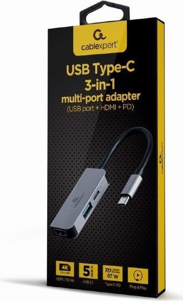 Gembird Multi-USB Adapter Typ C 3-i-1 USB HDMI PD Silver
