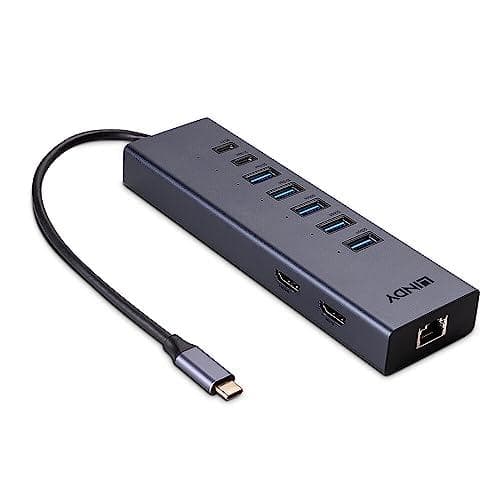 Lindy DST-Mini Duo, USB C -kannettavan minitelakointiasema 2x 4K HDMI 2x 4K HDMI, PD 3.0 100W, USB 3.2 Gen 2, Gigabit Ethernet (43373)