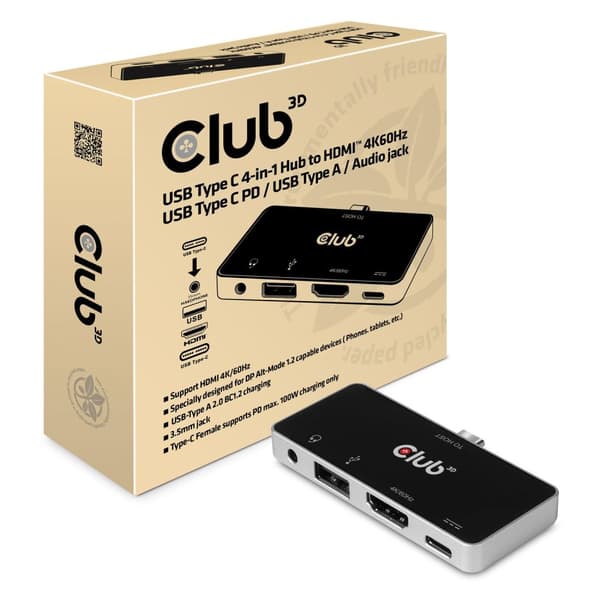 Club 3D Club3D USB Type C 4-in-1 -keskitin - Telakointiasema - USB-C - HDMI (CSV-1591)