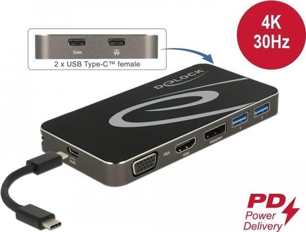 DeLOCK USB Type-C 3.2 -telakointiasema 4K - Telakointiasema - USB-C 3.2 Gen 1 / Thunderbolt 3 - VGA, HDMI, DP (87773)