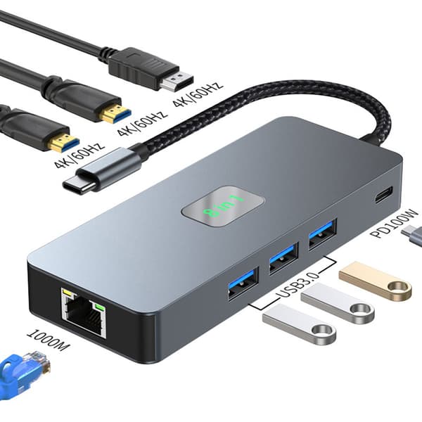 INF 8-in-1 USB C -keskitin, Dual 4K60Hz, Gigabit Ethernet -sovitin