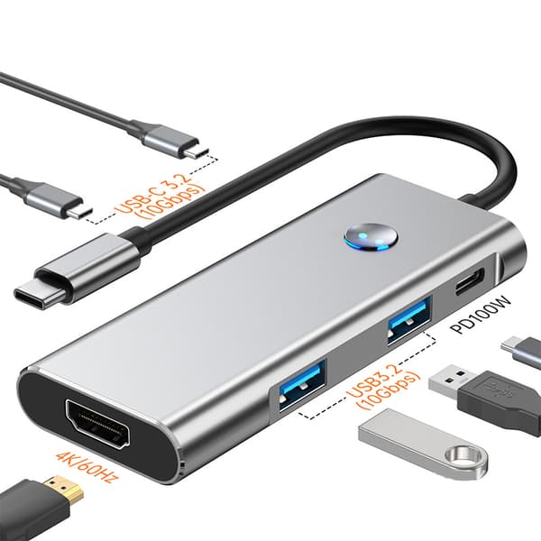 INF 6-i-1 USB-C Hub 4K/60Hz USB 3.2 10G Dataöverföring Grå