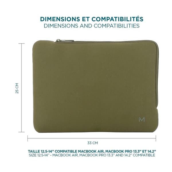 Skyddshus i Neopren för Bärbar Dator 12.5-14 tum - Kompatibel med MacBook Air/Pro - Olivgrön och Grå - MOBILIS