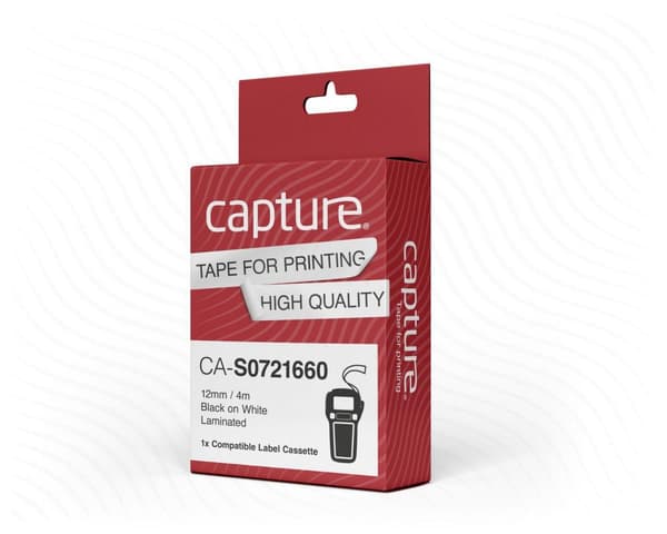 Capture-teippi 12 mm x 4 m musta valkoisella pohjalla, CA-S0721660