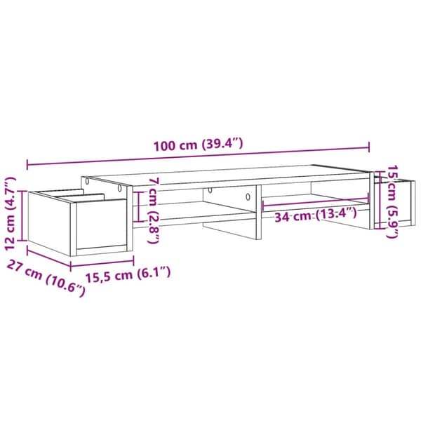 vidaXL Skjermhylle oppbevaring hvit 100x27x15 cm konstruert tre