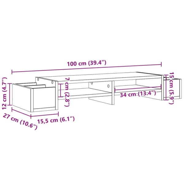 vidaXL Skjermhylle oppbevaring grå sonoma 100x27x15 cm konstruert tre