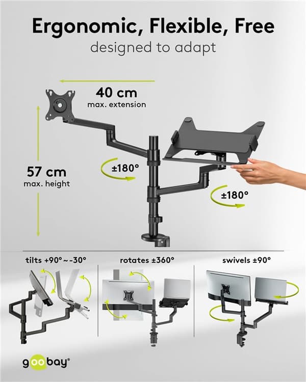 Deluxe skærmbeslag med laptop-arm, sort