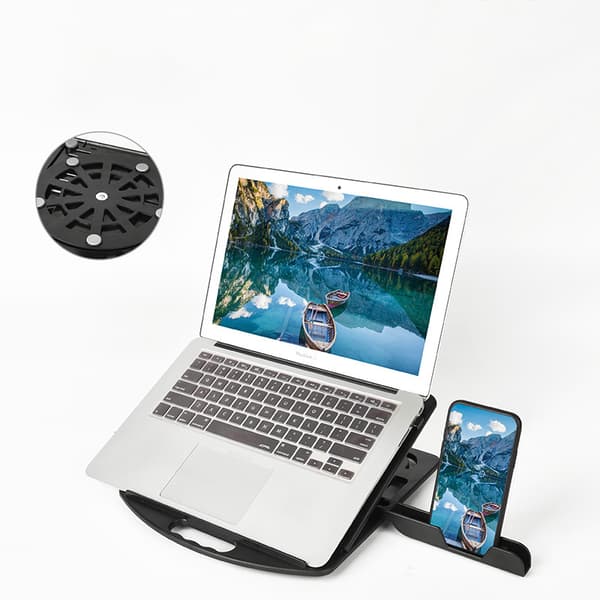 INF Justerbart laptopstativ med telefonhållare Svart