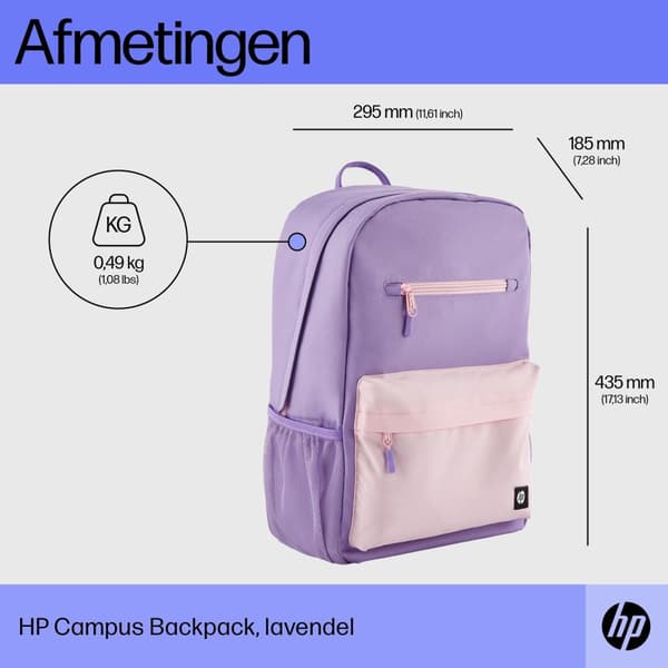 HP Campus-ryggsäck (lavendel) - 50 % återvunnen plast, LDPE-påse innehåller 100 % återvunnen plast, hängetiketten är gjord... - 295 mm - 185 mm - 435