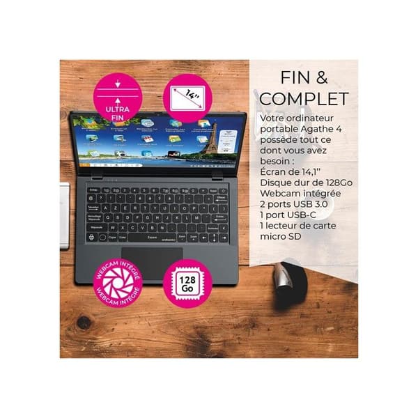 Ordissimo Portable Agathe 4 14 med Intel Pentium N5030-processor, 14,1'' skärm, 4GB RAM och 128GB SSD.