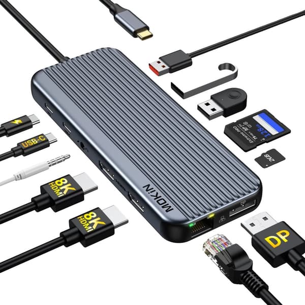 MOKiN 8K USB C HUB, Dubbel HDMI-anslutning, 100W Strömförsörjning,12 I 1 (2HDMI DP)