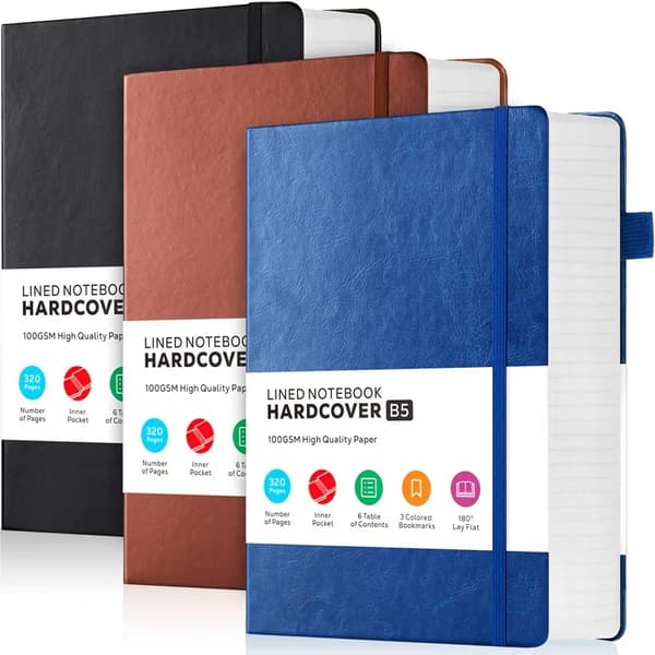 Elegant PU Læder Journal, 320 Linjerede Sider, Indvendig Lomme,B5-Blå Brun Sort
