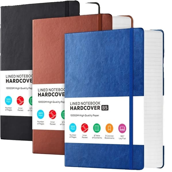 Elegant PU Læder Journal, 320 Linjerede Sider, Indvendig Lomme,B5-Blå Brun Sort