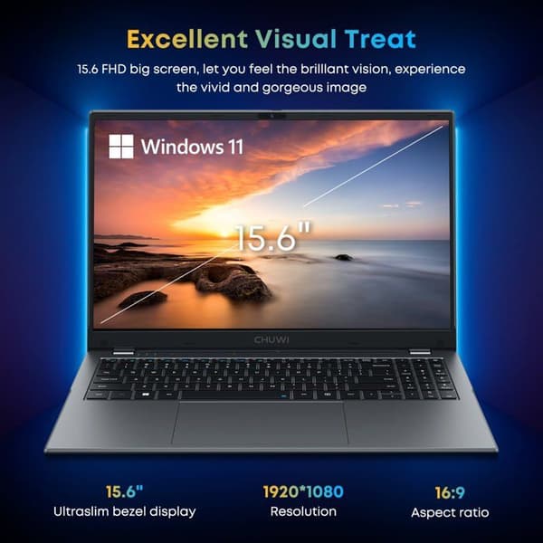 CHUWI HeroBook Plus 15.6" FHD | Intel N4020, 8Go RAM, 256Go SSD | Ultrafin, HD-webbkamera – Ideal för distansarbete & mobil kontorsarbete