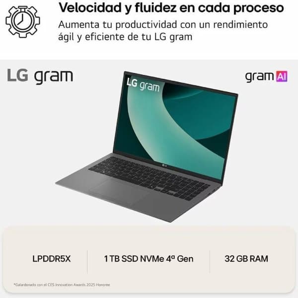 Laptop LG 16Z90TL-G.AU88B 16" intel core ultra 7 32 GB RAM 1 TB SSD Espanjalainen Qwerty