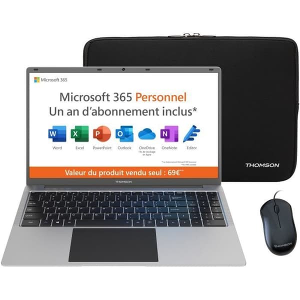 Bärbar dator - THOMSON NEO15 - 15,6" HD - N4020 - 4 GB RAM - 128 GB SSD - Windows 11S - Vit + 1 års Office + Fodral + Mus