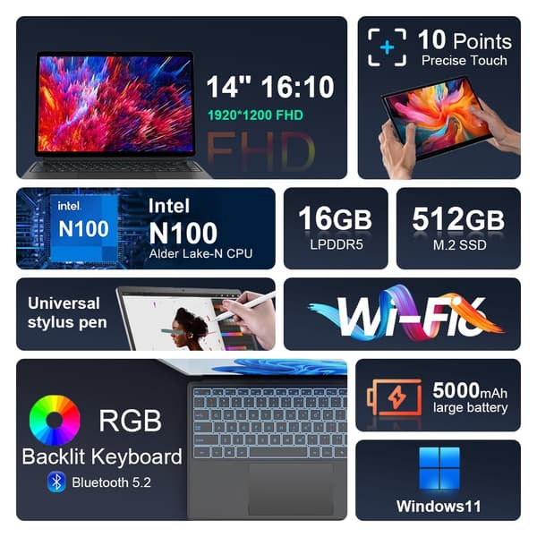 Tablet Mini, 14 tommer, 16GB RAM, 512GB SSD,EU, 16GB+512GB, Intel N100
