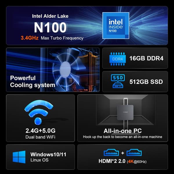 Mini PC, Intel N100-processor, 16 GB minne, 512 GB SSD,16GB 512GB, EU