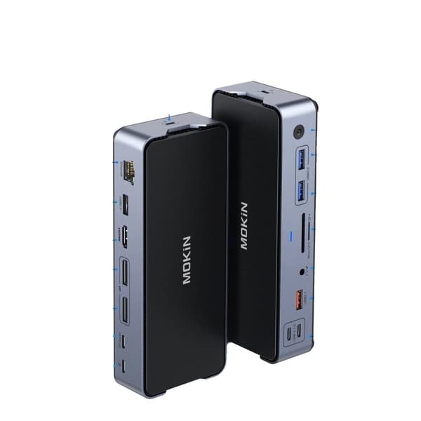 MOKiN 15 IN 1 Docking Station, Kaksois 8K-näyttötuki, 100W Virtalähde,15 IN 1 translates to Finnish as "15 YHDESSÄ".