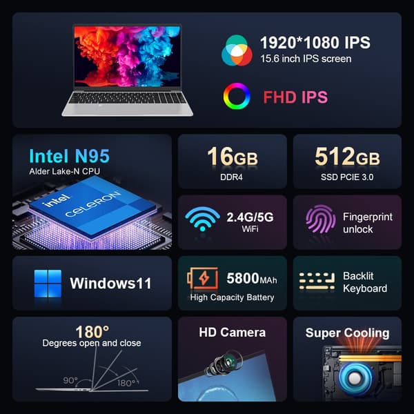 Ninkear N15 AIR Laptop, 16GB RAM, 512GB SSD ,16GB RAM 512GB SSD, Intel N95, Engelskt tangentbord