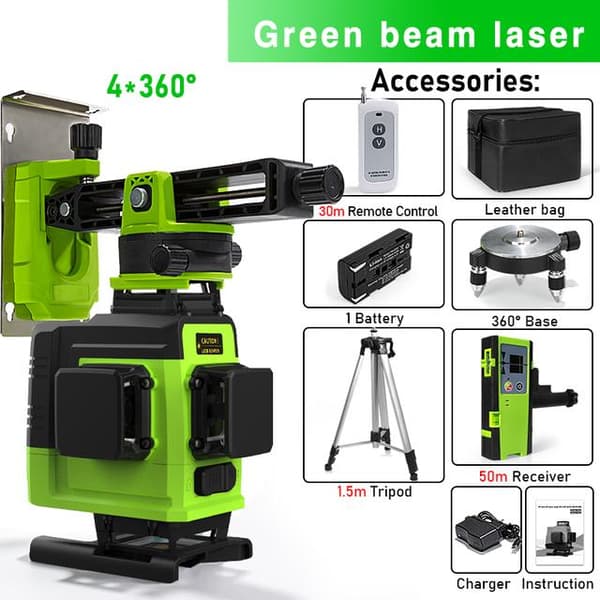4D 16 linjer professionell grön lasernivåsats, hög synlighet, självnivellerande, 360° justerbar lutning, lång arbetstid