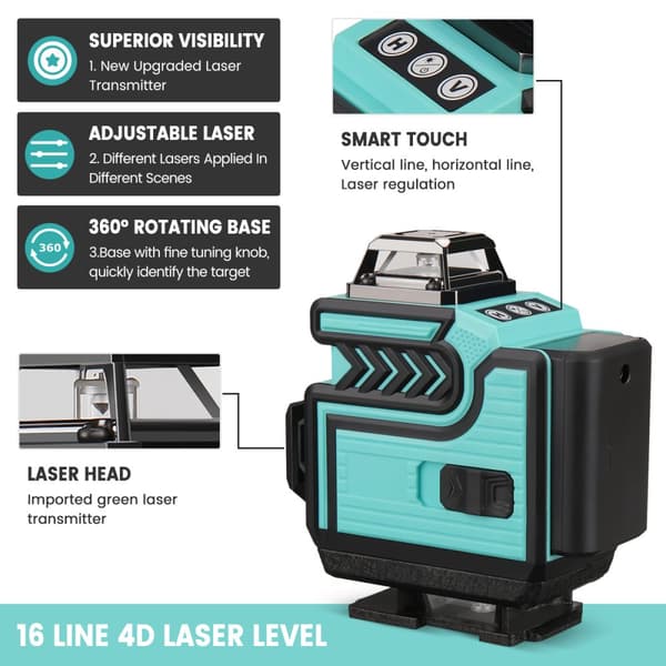 16 linjer 360° horisontellt vertikalt kors 4D grönt ljus lasernivå självnivellerande mått