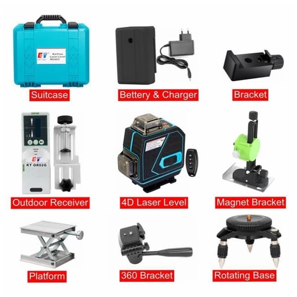 360 Linje Laser Niveau, Automatisk Justering, 16 Linjer, 4D Laser Niveau Modtager, Grøn Linje Laser
