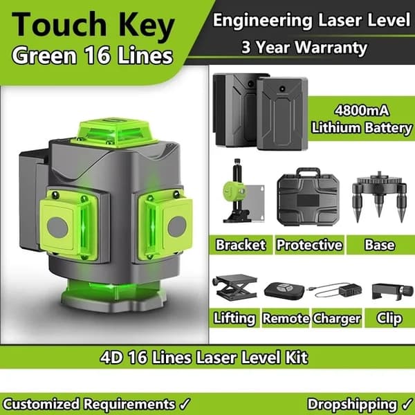 Laser Niveau, 4D 16 Linjer, Selvnivellerende 360 Horisontal Og Vertikal, 4D 16Linjer Med Base