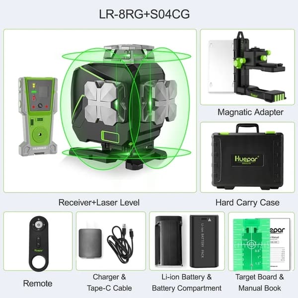 Laser Niveau Sæt, 16 Linjer, Selvnivellerende, Bluetooth Fjernbetjening, SET 6