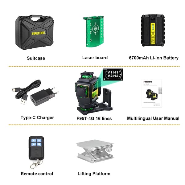 Grøn Laser Niveau, Selvnivellerende, 6700mAh Li-ion Batteri, F95T-3G 3M