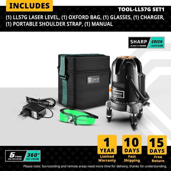 DEKO LL5-serien Laser Level, 360° selvjustering, høj synlighed grøn/rød stråle,LL57G-SET1