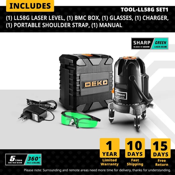 DEKO LL5-serien Laser Level, 360° selvjustering, høj synlighed grøn/rød stråle,LL57G-SET1