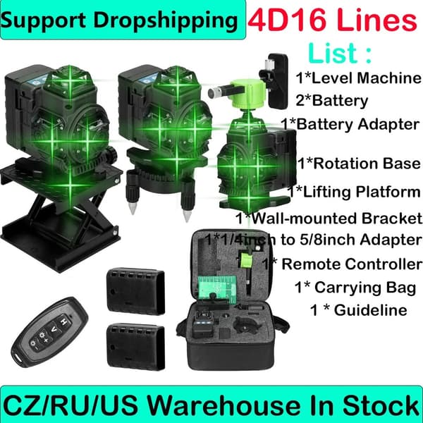360° Laser Level med 16 linjer, IP54 vandtæt, ±0,2 mm nøjagtighed,u4D EU 2batteri-eu