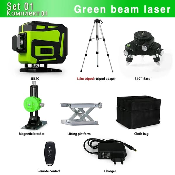 3D Selvnivellerende Grøn Stråle Laser, 20m Arbejdsradius, Fjernbetjening,IE12C-BL12