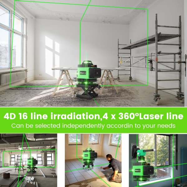 4D 16 Line Green Laser Level IP54 Vandtæt selvnivellerende 4000mAh batteri Touch Screen Laser Level til indendørs/udendørs byggeri