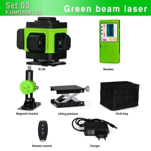 Grøn Laser Niveau, 12 Linjer (3D), Fjernbetjening Aktiveret,IE12A H15 DC11G