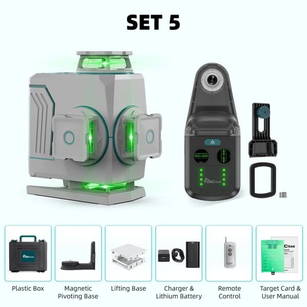 Decteam 4D Laser Niveau, Fire 360° Grøn Laserlinjer, IP54 Vandtæt Design,SET-5