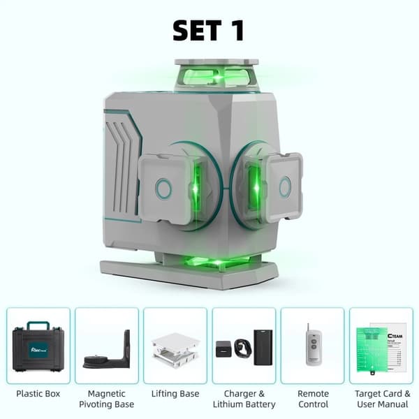 Decteam 4D Laser Niveau, Fire 360° Grøn Laserlinjer, IP54 Vandtæt Design,SET-5
